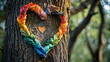 A heart-shaped wreath made of rainbow-colored leaves hangs on a tree trunk. The bark of the tree is rough and brown, and the leaves are smooth and shiny. The wreath is a symbol of love and unity.