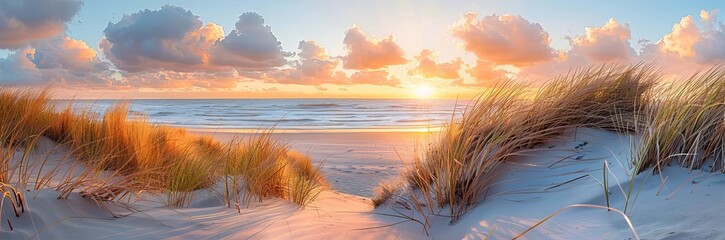 Poster - Breathtaking panoramic view of a beach at sunset with soft dune grass and dramatic cloudscape