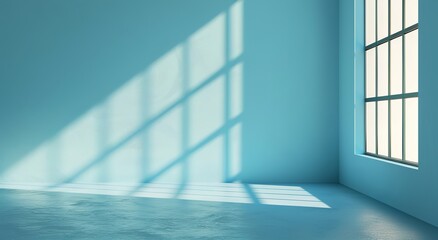 Poster - A minimalistic blue room bathed in soft sunlight through large windows casting geometric shadows