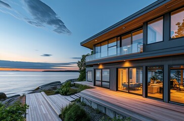 Poster - A tranquil scene of a modern lakeside house with panoramic windows, warmly lit by the vibrant glow of the sunset