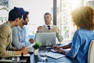 Aufkleber - Businessman, laptop and presentation with team in meeting, discussion or development at office. Man or coach talking to group of employees with computer for financial growth or revenue at workplace