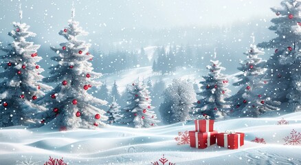 A picturesque snowy landscape with evergreen trees embellished with red ornaments and gift boxes, invoking the holiday spirit of Christmas