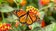 Monarch Butterfly. Danaus Plexippus Resting On A Flowering Plant . Generative Ai