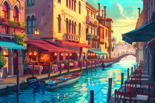 A Digital Illustration Of A Restaurant Situated Next To A Canal In The Middle Of A City
