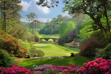 Wall Mural - Vibrant flowers frame a beautiful golf course with well-manicured greens and serene water features