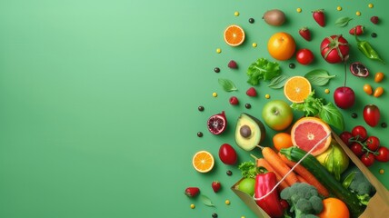 Assorted fresh ripe fruits and vegetables. Food concept background. View from above. Copy space.