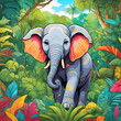 Watercolor elephant in tropical safari jungle and wildlife illustration