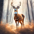 Watercolor fairytale reindeer with horns in sunset and sunlight of jungle on christmas forest illustration