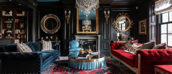 A large living room with a blue wall and gold accents