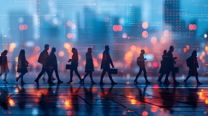 Wall Mural - Network and internet communication concept. Silhouettes of business people in abstract city with double exposure of blurry network interface. Toned image.