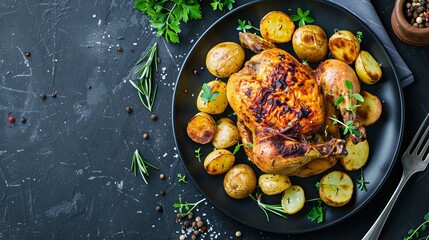 Roasted chicken with potatoes on a dark plate, seen from above.