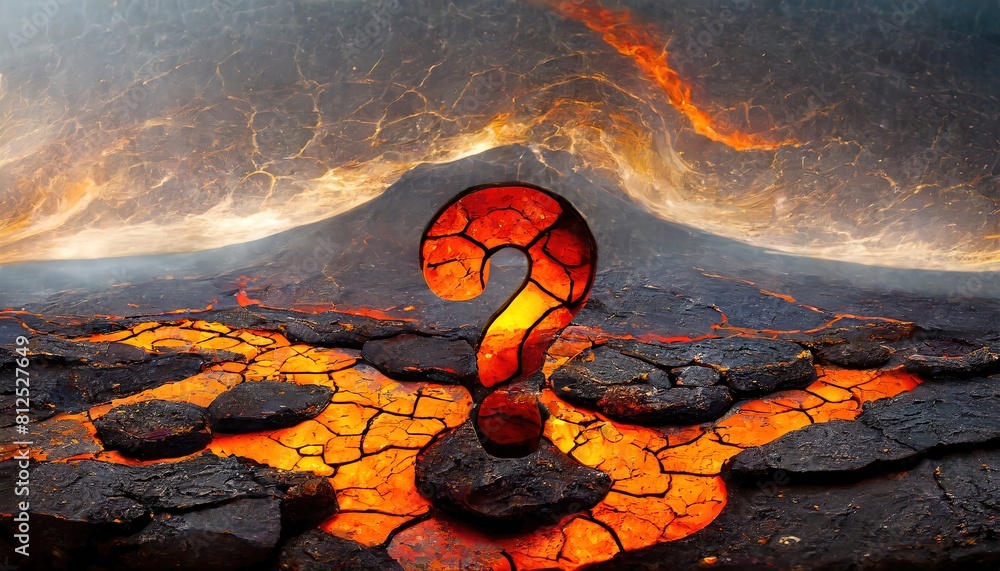 Fiery landscape with question mark. The ground cracks around the world ...