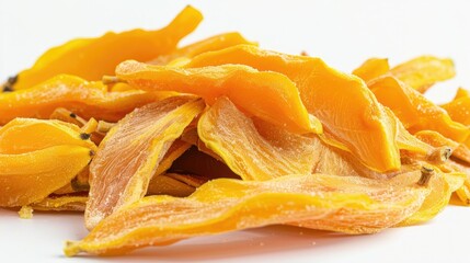 Canvas Print - Close up Studio Shot of Pile of Organic Dried Mango on White Background