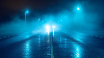 Wall Mural - Dark street, wet asphalt, reflections of rays in the water. Abstract dark blue background, smoke, smog. Empty dark scene, neon light, spotlights. Concrete floor.