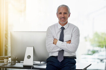 Aufkleber - Portrait, mature businessman and pride in office for startup project, corporate experience and happy. Professional manager, male executive and smile in workplace, arms crossed and boss in Canada
