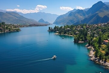 Wall Mural - Montenegro landscape. Serene Lake Scenery with Lush Green Islands and Mountains.