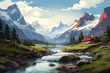 Wall Mural -  Norway landscape. Mountain landscape with river flowing through it.