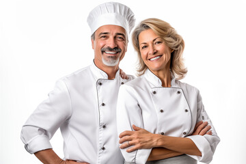 Middle aged couple over isolated white background in chef uniform