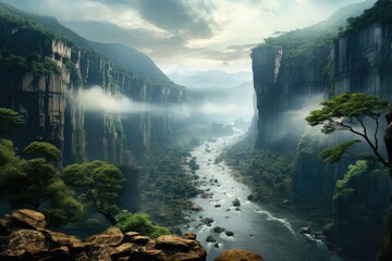 Wall Mural - Generative AI. Venezuela landscape. Majestic Waterfall and River Flowing Through Misty Canyon Landscape.