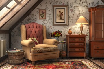 Wall Mural - A room with a chair, a table, and a radiator