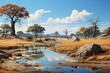 Generative AI. Zimbabwe landscape. Serene African Savannah Landscape with Waterhole and Flora.