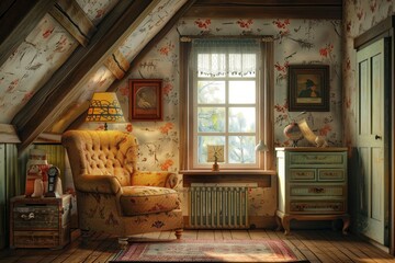 Wall Mural - A room with a chair, a table, and a radiator
