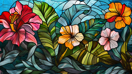 a colorful stained glass window with flowers and leaves