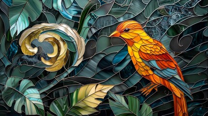 Wall Mural - A bird is perched on a branch in a stained glass window