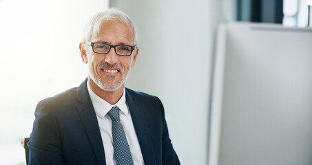 Aufkleber - Portrait, mature businessman or ceo in office with positive attitude, corporate experience and happy. Professional manager, male executive and smile in workplace, confidence and boss in Canada