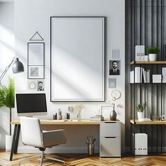 A desk with a computer and a chair in a room with a picture frame image harmony card design.