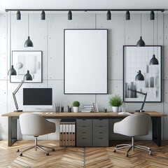A desk with a computer and a picture frame on the wall image art photo used for printing.
