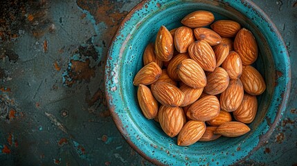 Poster -  Blue bowl with almonds on metal table beside rusty wall