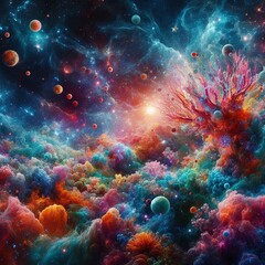 Generative Ai Cosmic Coral Reef Imagine a vibrant coral reef stretching across the cosmos, with colorful corals and alien sea creatures thriving amidst the swirling nebulae and celestial currents