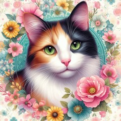  A cat surrounded by flowers image photo harmony used for printing illustrator.