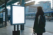 © tfk - Clear Billboard in public place with blank copy space screen for advertising or promotional poster content, empty mock up Lightbox for information, blank display in station area with d. Generative Ai.