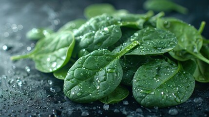 Wall Mural -   A black surface with a green leaf pile and raindrops on a table top