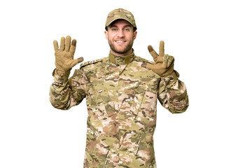 Wall Mural - Military man over isolated chroma key background counting eight with fingers