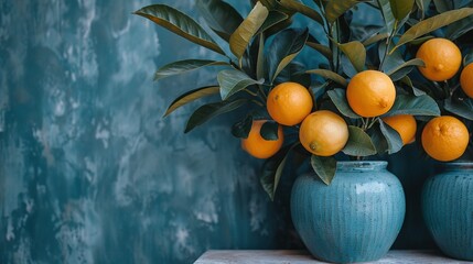 a vase with oranges sits atop a table, surrounded by two more vases with oranges