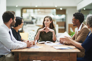 Fototapete - Business woman, office and corporate team for presenting creative project, career planning or strategy collaboration. Diversity, speaker and talking for creativity, share idea or meeting on success