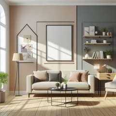 A living room with a template mockup poster empty white and with a couch and a table image photo photo lively.