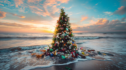Tree made of plastic trash on the beach. Consumerism criticism. Eco and environment problems awareness, waste generated during holiday season concept