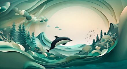 Wall Mural - 3D-rendered paper-cut scene of a whale diving deep into the ocean, minimalist background,
