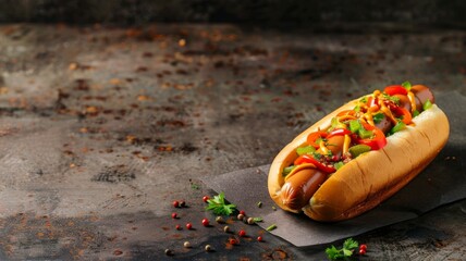 Wall Mural - This tasty and colorful hot dog design is a perfect creative food concept for your next project. The image features a modern and innovative presentation of a classic meal, with a blank space for