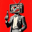 Striking pop-art collage with a suited figure holding a beer bottle, featuring a retro TV head against a bold red backdrop.