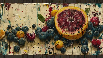 Poster -   A grapefruit, blueberries, and raspberries on white wood