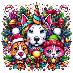 Wall Mural - A dog unicorn and cat with christmas decorations image realistic harmony used for printing illustrator.