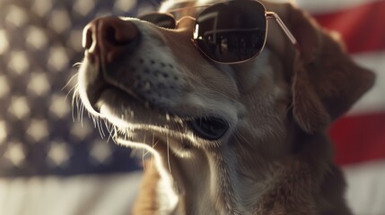 Wall Mural - Dog wearing sunglasses on the background of the American flag. Close-up.