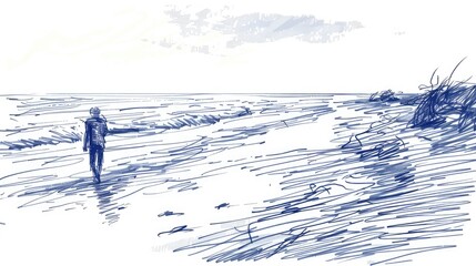 Wall Mural - A person is unwinding at the seashore Beach sketch in one line