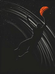 Sticker - This graphic wallpaper features a modern and stylish depiction of a basketball game at evening time. The silhouette of players in vibrant colors stands out against the dark background, showcasing the