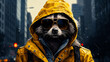 Envision a fashionable raccoon in a denim jacket, accessorized with a beanie hat and a messenger